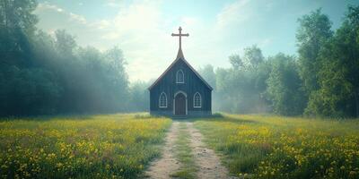 Charming rural church surrounded by wildflowers in a misty landscape during early morning photo