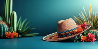 Colorful sombrero accompanied by vibrant flowers and cacti against a teal background photo