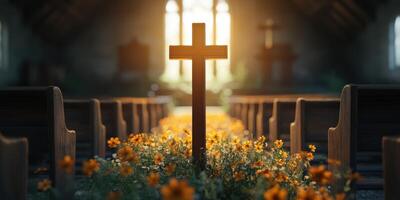 Cross adorned with flowers in a serene church interior during golden hour lighting photo
