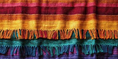 Colorful woven textile with fringe showcasing traditional patterns and vibrant hues in a marketplace photo