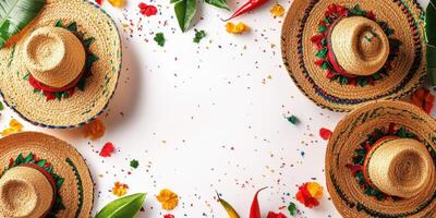 Colorful festive hats and decorations arranged on a white surface for a celebration in a summer setting photo