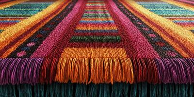 Vibrant textile display with intricate patterns and colors in a cozy indoor setting photo