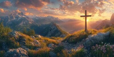 Sunset over mountains with a cross amidst beautiful wildflowers and dramatic clouds photo