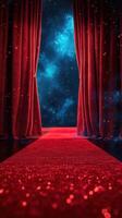 Red velvet curtains open to reveal a shimmering cosmic pathway leading into the unknown depths of space photo