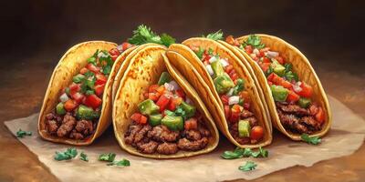 Delicious tacos filled with seasoned meat and fresh vegetables served on a rustic background photo