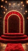 Elegant stage setup with dramatic lighting and red velvet accents for a performance in a cozy venue photo