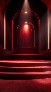 Elegant red staircase with arches and soft lighting creating a dramatic atmosphere photo