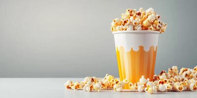 Freshly popped popcorn spilling from a yellow striped cup on a plain background photo
