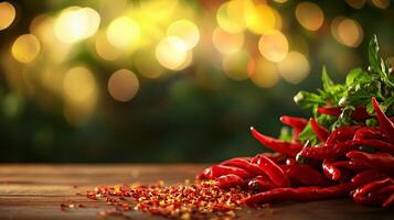 A bunch of red peppers are on a wooden table photo