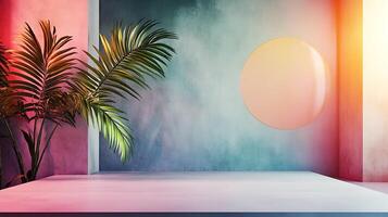 A room with a large round window and a palm tree in the foreground photo