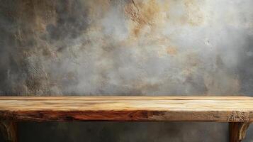 A wooden shelf with a grey wall behind it photo