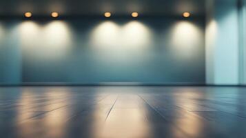A room with a bare floor and a wall with lights on it photo