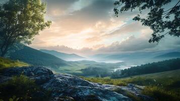 Scenic mountain landscape with a soft cloud-filled sky showcasing nature's beauty and tranquility Rolling hills add depth to the vista photo