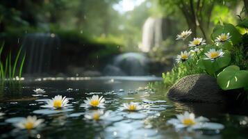 Lush paradise with water lilies gracefully floating amidst tranquil waters and a backdrop of cascading waterfalls in the background photo