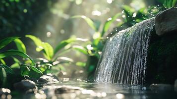 Lush greenery and a gentle cascade of water create a serene sun-dappled oasis inviting tranquility and connection with nature photo