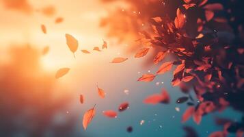 A burst of warm-toned foliage and scattered leaves creating a dreamy autumn scene with a soft ethereal glow photo