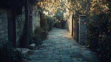 Serene walkway lined with stone walls and lush greenery bathed in soft sunlight evoking a sense of tranquility and historical charm photo