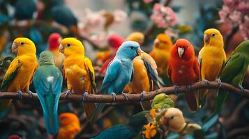 A vibrant gathering of colorful parrots perched on a branch amidst lush greenery creating a lively and cheerful tropical scene photo