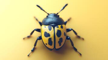 Close-up of a beetle with black spots on a bright yellow background highlighting its intricate patterns and contrasting colors photo