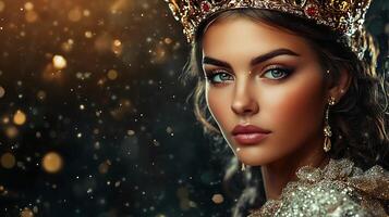 Portrait of an elegant woman wearing a golden crown with gemstone adornments against a dark background with scattered bokeh lights photo