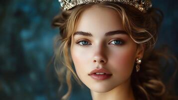 Elegant woman with crown adorned with jewels She has beautiful blue eyes and an elegant air A touch of royalty and sophisticated beauty photo