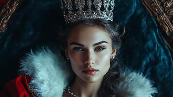 Portrait of an enigmatic royal figure adorned with a jeweled crown and plush white fur against a velvet backdrop of deep teal photo