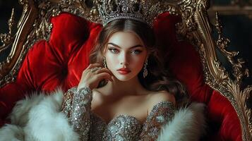 A regal woman with piercing blue eyes adorned in royal attire sits upon a luxurious ornate throne exuding an air of elegance and poise photo