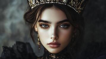 Elegant portrait of a woman with a crown highlighting her intense gaze and regal attire against a dark atmospheric backdrop photo
