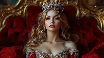 Elegant woman with flowing blonde hair and a dazzling crown sitting on a plush red throne Regal beauty and timeless style photo