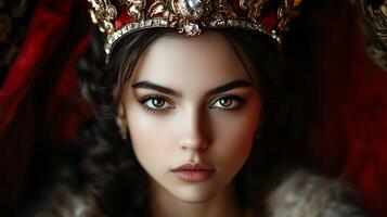 Elegant portrait of a woman in a crown Rich color palette and jewelry She has mesmerizing brown eyes Regal elegant and poised photo