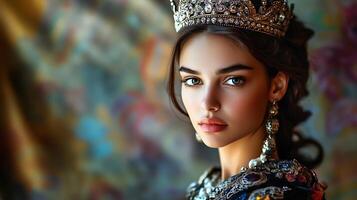 Elegant woman with a jeweled crown and statement earrings embodying timeless beauty and regal charm against a blurred background photo