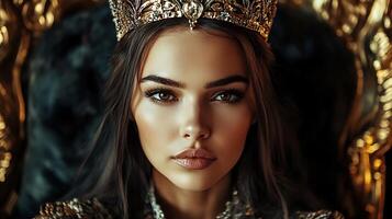 Elegant woman with a golden crown exuding power and grace She sits on a throne with intricate detailing and luxurious fabric photo