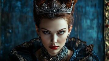 Portrait of an elegant and powerful queen with a severe gaze adorned in a crown and regal attire against a dark moody backdrop photo