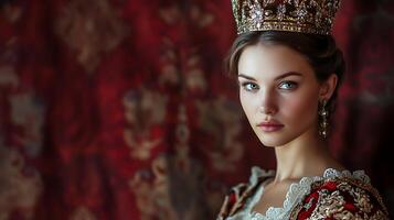 Portrait of a poised woman in a period costume with an elaborate crown reminiscent of royalty and historical elegance photo