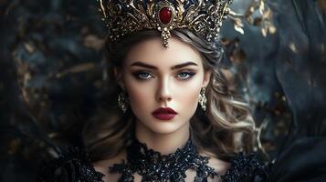 Portrait of a beautiful woman with a regal crown and elegant attire She is adorned with jewelry and has striking facial features photo