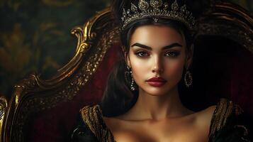 Portrait of a woman wearing a golden crown and jewelry seated on an ornate chair She is looking directly at the viewer with a serious expression photo