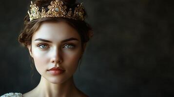 Portrait of an elegant young woman with a golden tiara and a dark background captivating in its beauty and classic grace Royalty redefined photo
