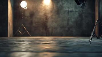 Image showcases a photography or film studio setting Dark moody lighting concrete backdrop and lighting equipment are visible photo