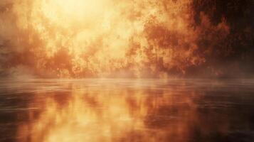 Ethereal scene with golden light reflecting on a calm surface creating a dreamy and surreal environment Mystical atmosphere photo