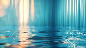 Surreal rippled water surface with light reflection on a cyan backdrop creating a sense of depth and tranquility perfect for abstract design photo