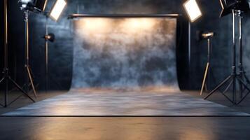A studio setup with lighting and backdrop is ready for a photoshoot The scene is prepared with equipment for professional results photo