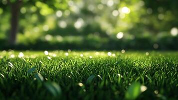 A patch of lush green grass bathed in sunlight creating a serene and inviting natural scene Ideal for peaceful summer relaxation photo