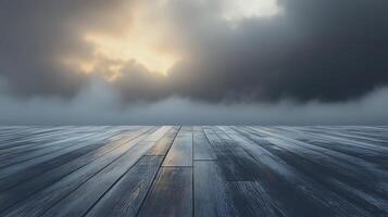 Wooden planks lead to a sky filled with looming clouds and a faint glow creating a serene yet dramatic atmospheric perspective photo