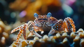 Detailed closeup of a colorful crab resting on coral showcasing its unique patterns and textures in an underwater setting photo
