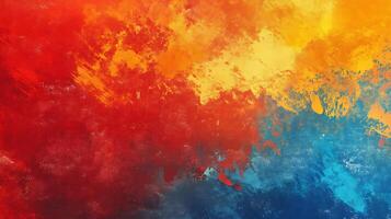Abstract art featuring a vibrant blend of red orange yellow and blue hues The colors merge and blend creating a dynamic and eye-catching effect photo