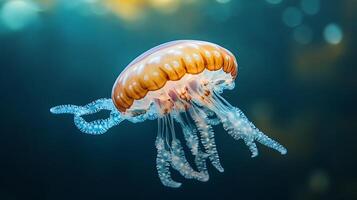 Graceful jellyfish floats in the deep its translucent form illuminated by the soft ambient light A mesmerizing dance of nature photo