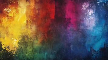 Colorful paint splatters blend on a textured surface showcasing a vibrant spectrum of hues in an abstract expression photo