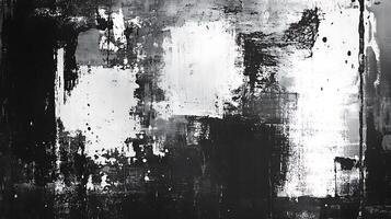 Monochromatic abstract painting with bold brushstrokes and textures creating a dynamic composition in black white and grey tones photo