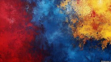 A vibrant canvas of textured colors blend in a stunning abstract painting The color palette is a blend of blue red and yellow photo