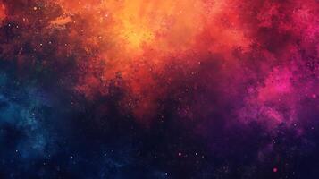 A vibrant digital painting of cosmic space featuring a nebula-like burst of color transitioning from warm oranges to cool blues and purples photo